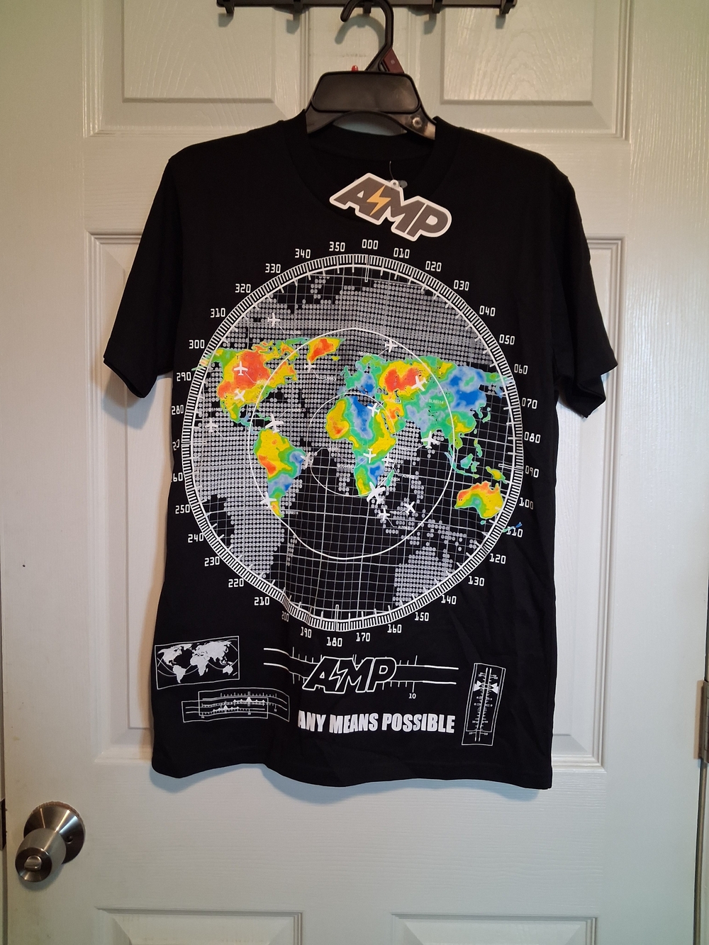 AMP Black Short Sleeve Graphic Tee with Multicolor World Map